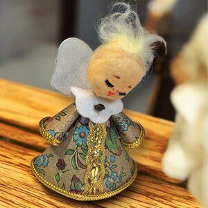 Mid Century Modern Handmade Angel Figurine With Floral Pattern Dress & Gold Trim